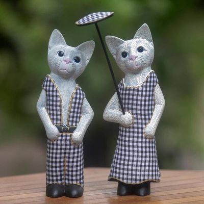 Primary image for Hand Made Wood Cat Sculptures Pair from Indonesia Bali Cat Couple