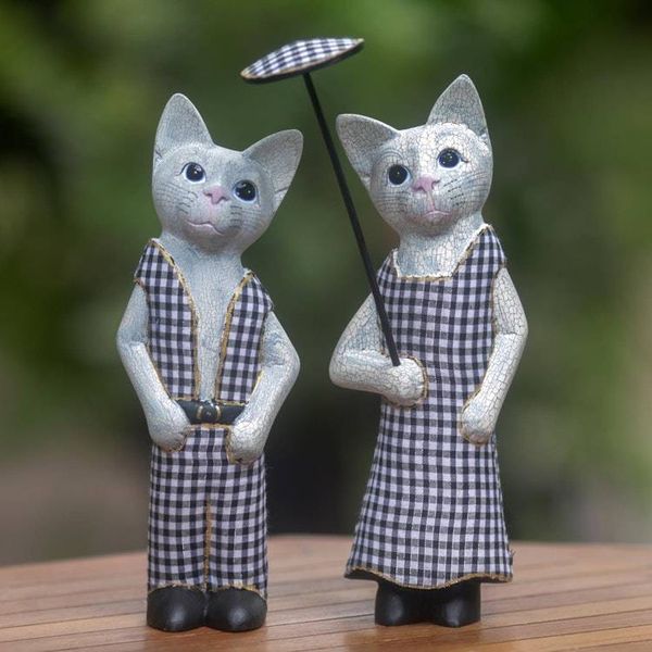 Alternate image for Hand Made Wood Cat Sculptures Pair from Indonesia Bali Cat Couple