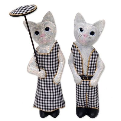 Alternate image for Hand Made Wood Cat Sculptures Pair from Indonesia Bali Cat Couple