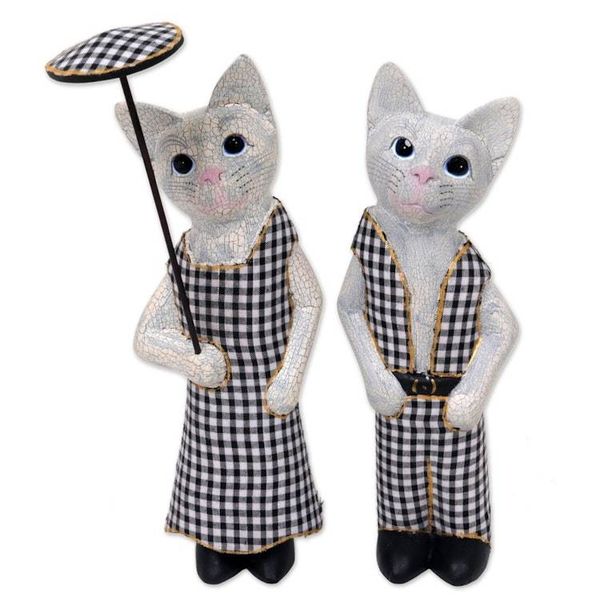 Alternate image for Hand Made Wood Cat Sculptures Pair from Indonesia Bali Cat Couple
