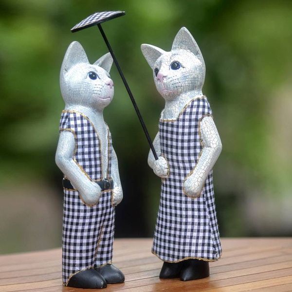 Alternate image for Hand Made Wood Cat Sculptures Pair from Indonesia Bali Cat Couple