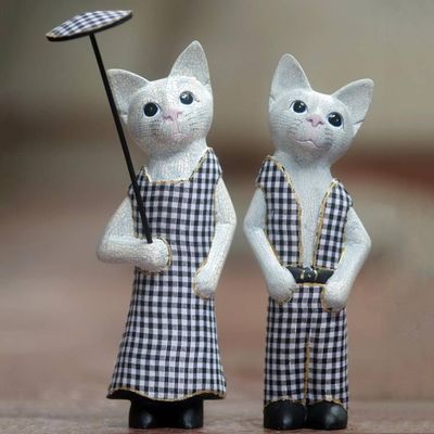 Alternate image for Hand Made Wood Cat Sculptures Pair from Indonesia Bali Cat Couple