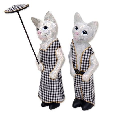 Alternate image for Hand Made Wood Cat Sculptures Pair from Indonesia Bali Cat Couple