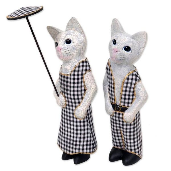 Alternate image for Hand Made Wood Cat Sculptures Pair from Indonesia Bali Cat Couple