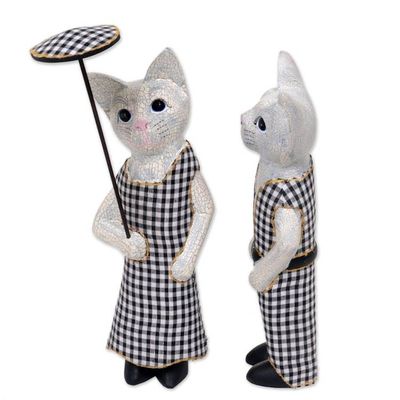 Alternate image for Hand Made Wood Cat Sculptures Pair from Indonesia Bali Cat Couple