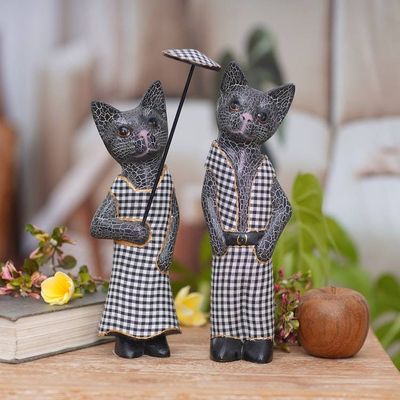 Alternate image for Hand Made Wood Cat Sculptures Pair from Indonesia Bali Cat Couple