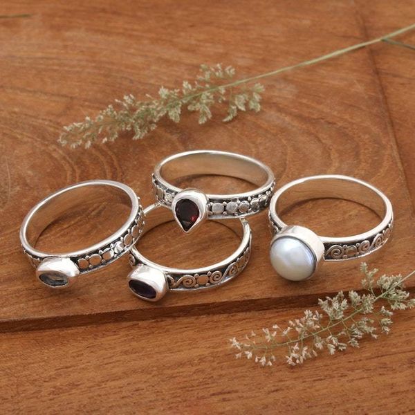 Alternate image for Set of 4 Multi-Gemstone Silver Stacking Solitaire Rings Together Forever