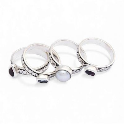 Alternate image for Set of 4 Multi-Gemstone Silver Stacking Solitaire Rings Together Forever
