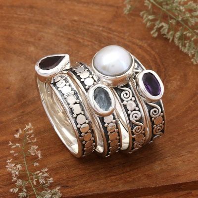 Alternate image for Set of 4 Multi-Gemstone Silver Stacking Solitaire Rings Together Forever