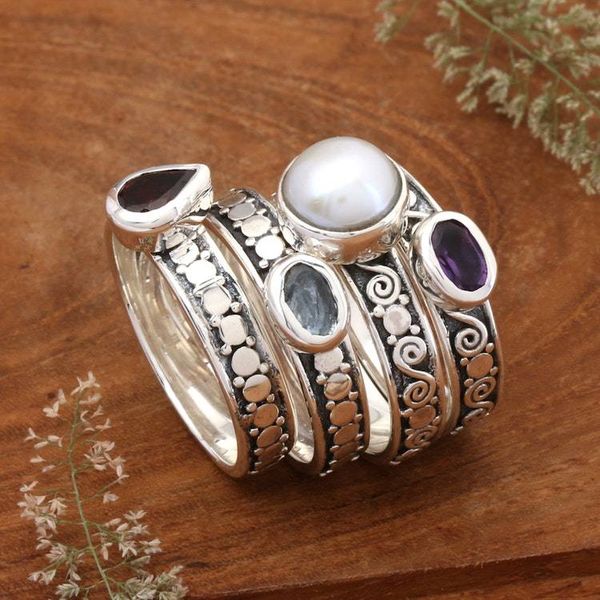 Alternate image for Set of 4 Multi-Gemstone Silver Stacking Solitaire Rings Together Forever