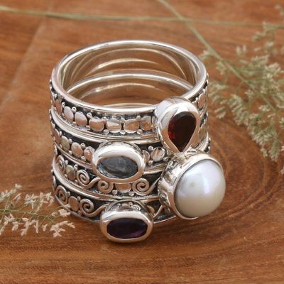 Alternate image for Set of 4 Multi-Gemstone Silver Stacking Solitaire Rings Together Forever