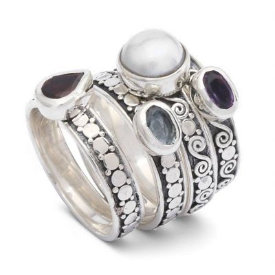 Alternate image for Set of 4 Multi-Gemstone Silver Stacking Solitaire Rings Together Forever