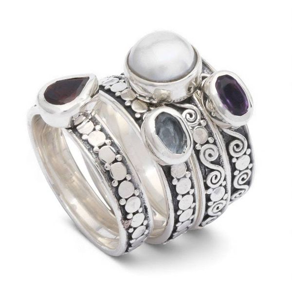 Alternate image for Set of 4 Multi-Gemstone Silver Stacking Solitaire Rings Together Forever