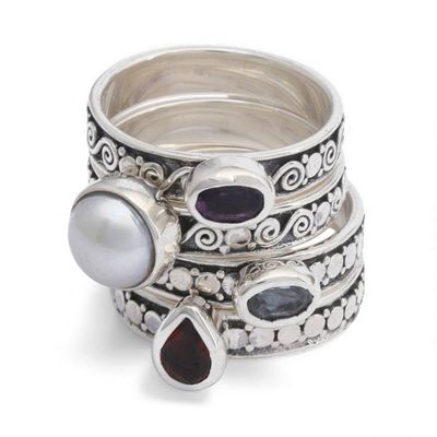 Alternate image for Set of 4 Multi-Gemstone Silver Stacking Solitaire Rings Together Forever