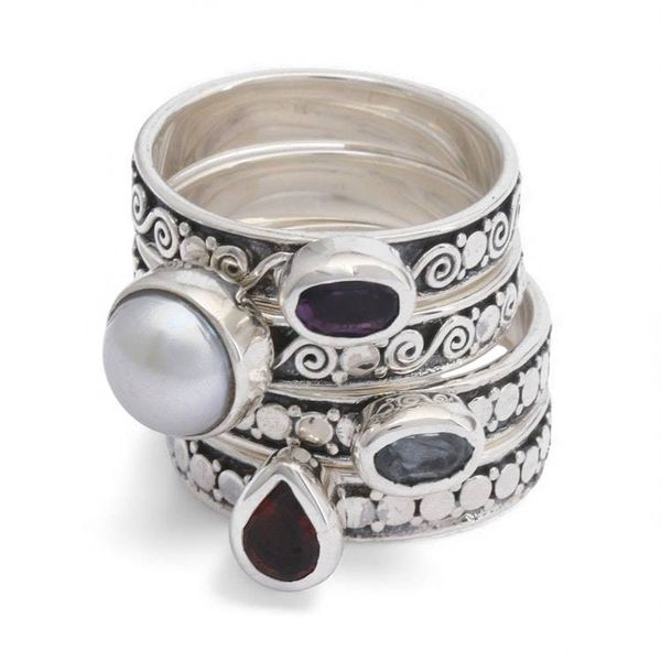 Alternate image for Set of 4 Multi-Gemstone Silver Stacking Solitaire Rings Together Forever