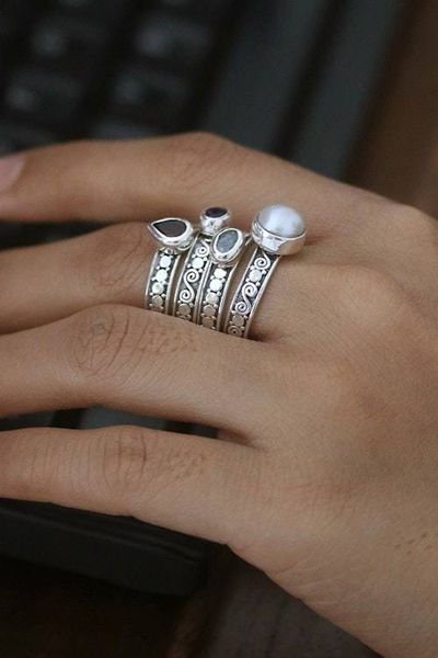 Alternate image for Set of 4 Multi-Gemstone Silver Stacking Solitaire Rings Together Forever