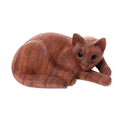 Alternate image for Hand Carved and Painted Cat Sculpture in Wood Sweet Ginger Tabby
