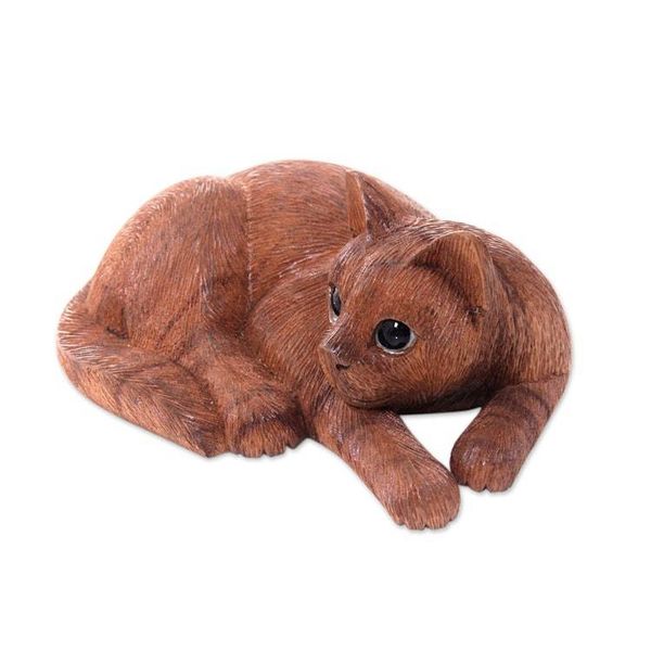 Alternate image for Hand Carved and Painted Cat Sculpture in Wood Sweet Ginger Tabby