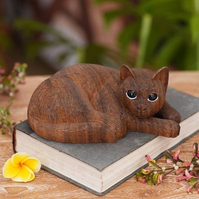 Alternate image for Hand Carved and Painted Cat Sculpture in Wood Sweet Ginger Tabby