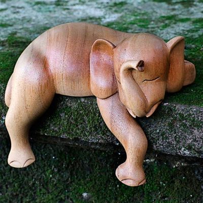 Primary image for Hand Carved Elephant Sculpture Natural Finish from Indonesia Napping Elephant