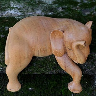 Alternate image for Hand Carved Elephant Sculpture Natural Finish from Indonesia Napping Elephant