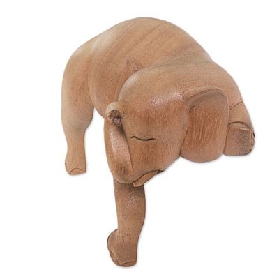 Alternate image for Hand Carved Elephant Sculpture Natural Finish from Indonesia Napping Elephant