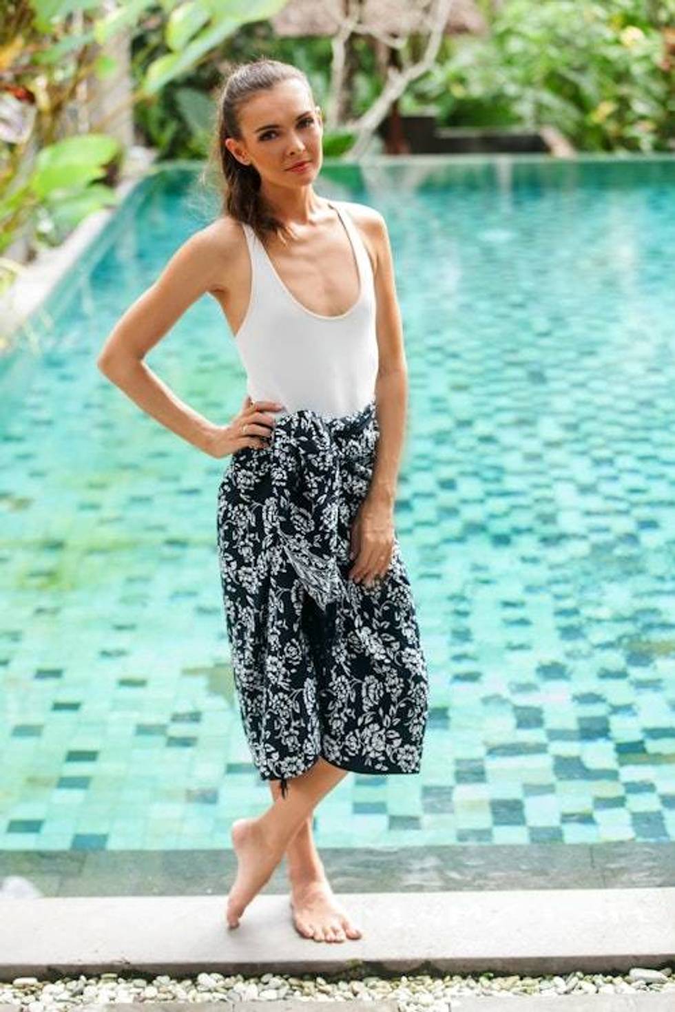 Black and White Rayon Sarong with Floral Batik Motifs 'Tropical Garden in Black'