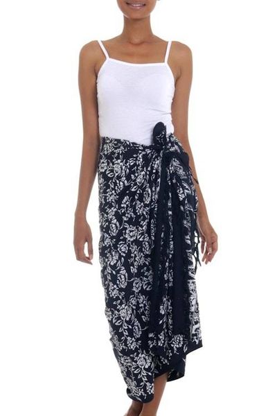 Alternate image for Black and White Rayon Sarong with Floral Batik Motifs Tropical Garden in Black