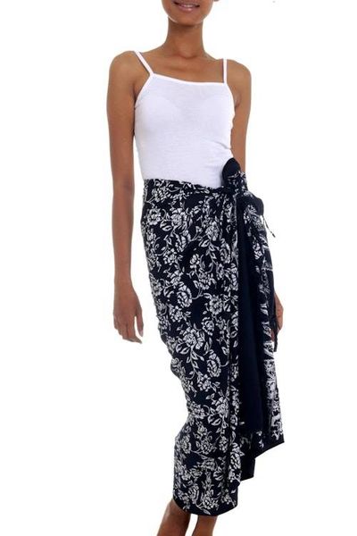Alternate image for Black and White Rayon Sarong with Floral Batik Motifs Tropical Garden in Black