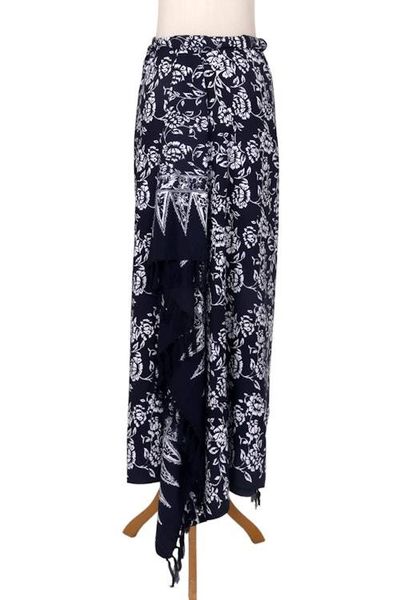 Alternate image for Black and White Rayon Sarong with Floral Batik Motifs Tropical Garden in Black