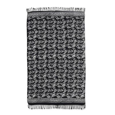 Alternate image for Black and White Rayon Sarong with Floral Batik Motifs Tropical Garden in Black