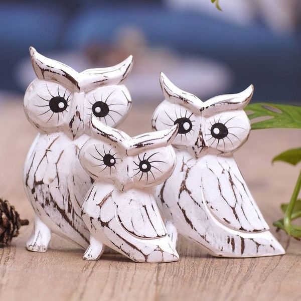 Alternate image for Set of 3 Owl-Themed Albesia Wood Statuettes Crafted in Bali Feathered Guardians