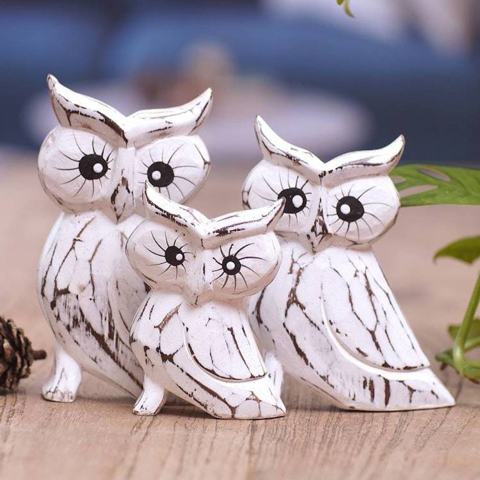Set of 3 Owl-Themed Albesia Wood Statuettes Crafted in Bali 'Feathered Guardians'