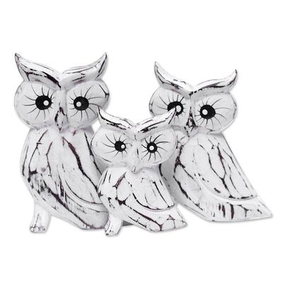 Alternate image for Set of 3 Owl-Themed Albesia Wood Statuettes Crafted in Bali Feathered Guardians