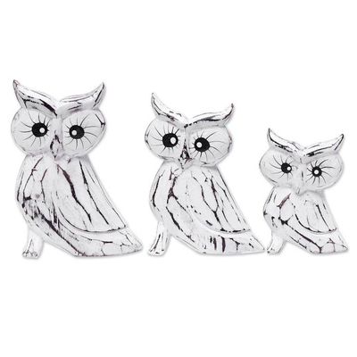 Alternate image for Set of 3 Owl-Themed Albesia Wood Statuettes Crafted in Bali Feathered Guardians