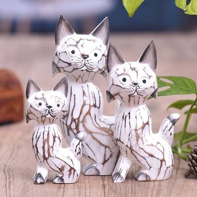 Alternate image for Set of 3 Cat-Themed Albesia Wood Statuettes Crafted in Bali Feline Curiosity