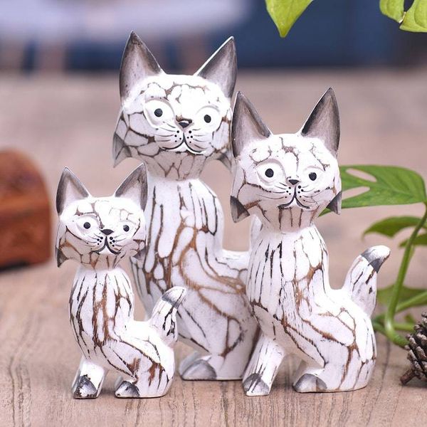 Alternate image for Set of 3 Cat-Themed Albesia Wood Statuettes Crafted in Bali Feline Curiosity