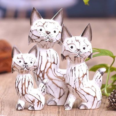 Alternate image for Set of 3 Cat-Themed Albesia Wood Statuettes Crafted in Bali Feline Curiosity