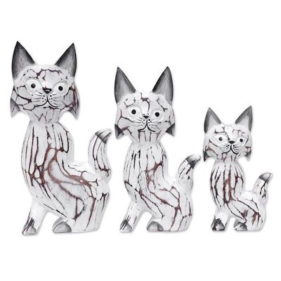 Alternate image for Set of 3 Cat-Themed Albesia Wood Statuettes Crafted in Bali Feline Curiosity