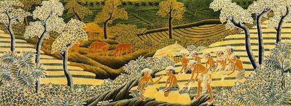 Alternate image for Batik Cotton Wall Hanging with Harvest Motif Harvesting Rice