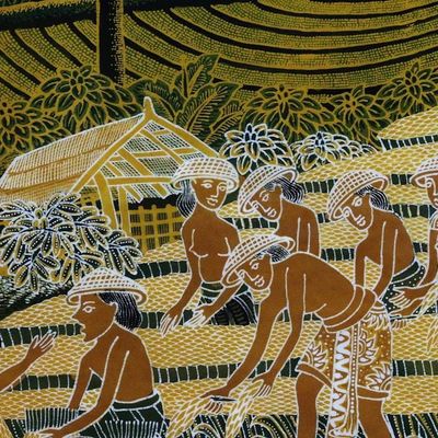 Alternate image for Batik Cotton Wall Hanging with Harvest Motif Harvesting Rice