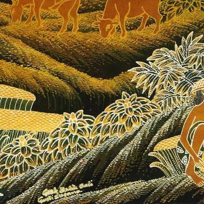Alternate image for Batik Cotton Wall Hanging with Harvest Motif Harvesting Rice