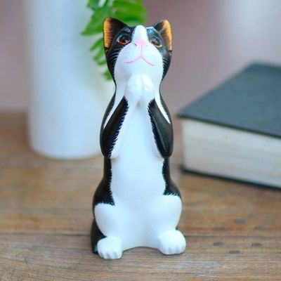 Main image for Wishing Cat Hand Carved Wood Sculpture Tuxedo Cat Makes a Wish