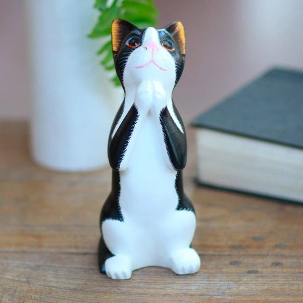 Alternate image for Wishing Cat Hand Carved Wood Sculpture Tuxedo Cat Makes a Wish