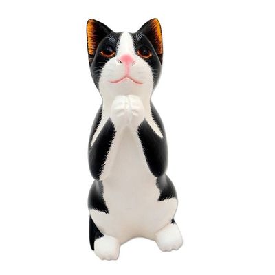 Alternate image for Wishing Cat Hand Carved Wood Sculpture Tuxedo Cat Makes a Wish