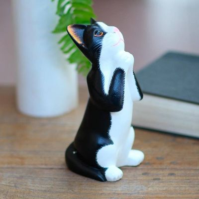 Alternate image for Wishing Cat Hand Carved Wood Sculpture Tuxedo Cat Makes a Wish