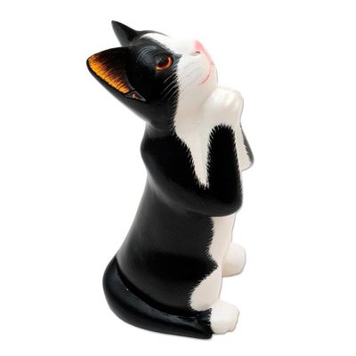 Alternate image for Wishing Cat Hand Carved Wood Sculpture Tuxedo Cat Makes a Wish