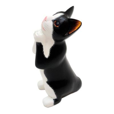 Alternate image for Wishing Cat Hand Carved Wood Sculpture Tuxedo Cat Makes a Wish