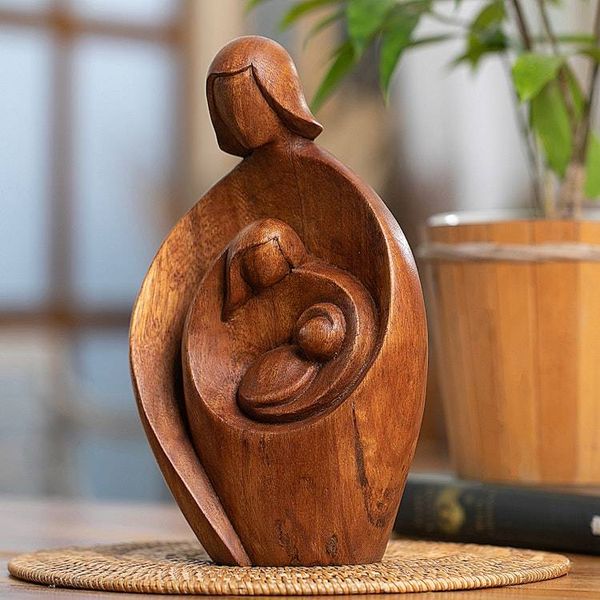 Alternate image for Hand-Carved Semi-Abstract Suar Wood Sculpture of Family Take Care, My Family