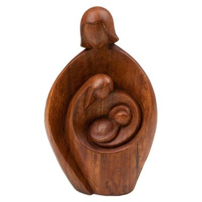 Alternate image for Hand-Carved Semi-Abstract Suar Wood Sculpture of Family Take Care, My Family